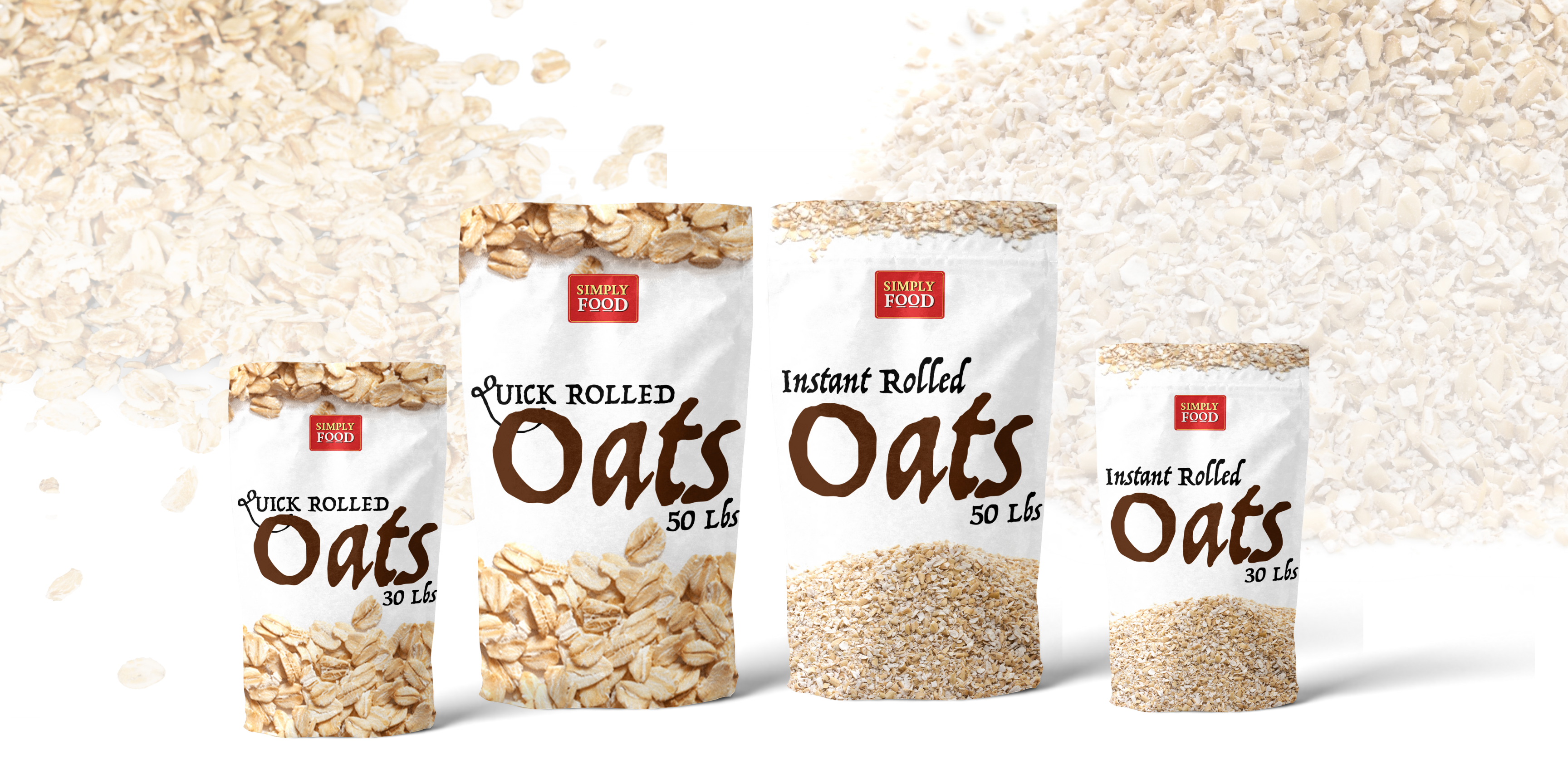 30 and 50 pound bags of both Simply Food Quick Rolled Oats and Simply Food Instant Rolled Oats